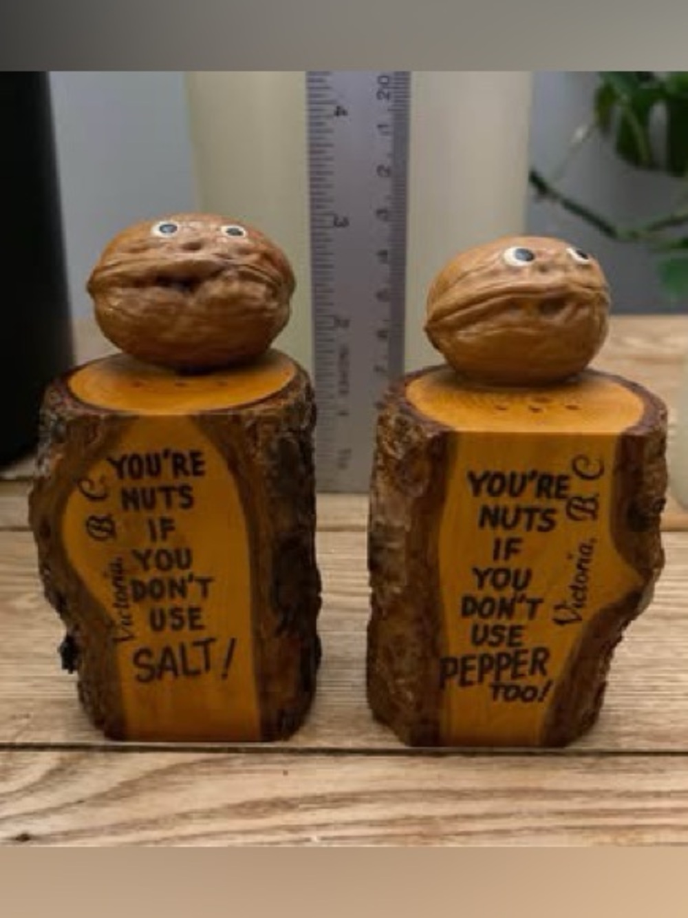 Vintage Walnut Log Salt & Pepper Shakers Victoria BC You're Nuts Souvenir